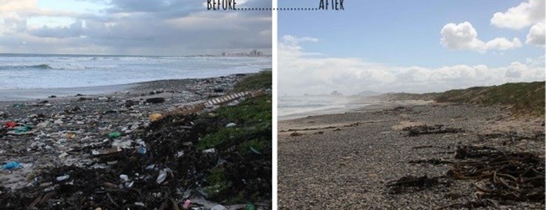 Learners from Sinenjongo High School braved the rain to clean up Sunset Beach in Milnerton