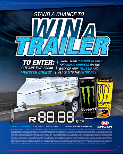  WIN 1 Camp Master 6-Foot Town & Country 200 Trailer valued at R20,000.00. (Western Cape Selected Engine outlets)