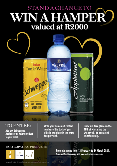 Purchase any 2x Schweppes, Appletiser or Valpre Products to stand a chance to win a hamper valued at R2 000 in this store